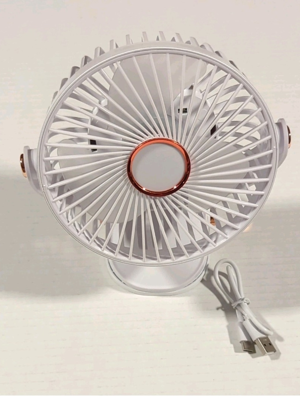 White Clip on, Wall Mount or Stand Desk Fan with Led Lights & 5 Speeds.